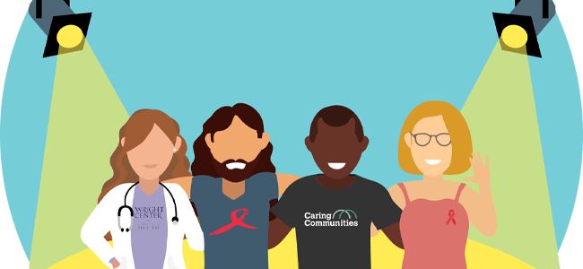 Illustration of 4 people with NEPA Regional HIV partner logo shirts